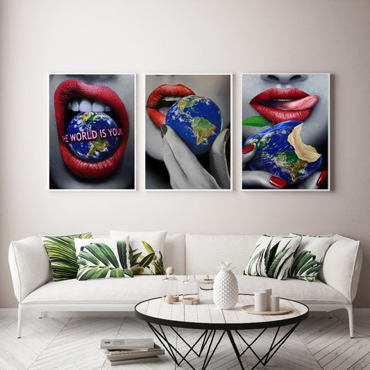 Sexy Red Lips Bite Money and Earth Wall Art Broker Decor
