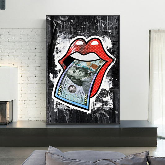Sexy Red Lips Money Modern Canvas Painting Broker Decor