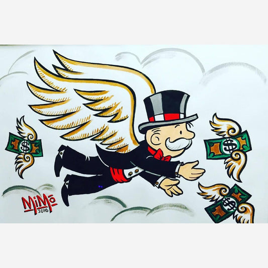 Handpainted canvas oil painting street fly angel money wall decor graffiti art painting