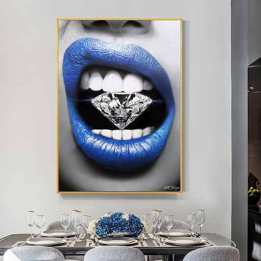 Blue Mouth With Diamond and Money Canvas Painting Wall Art