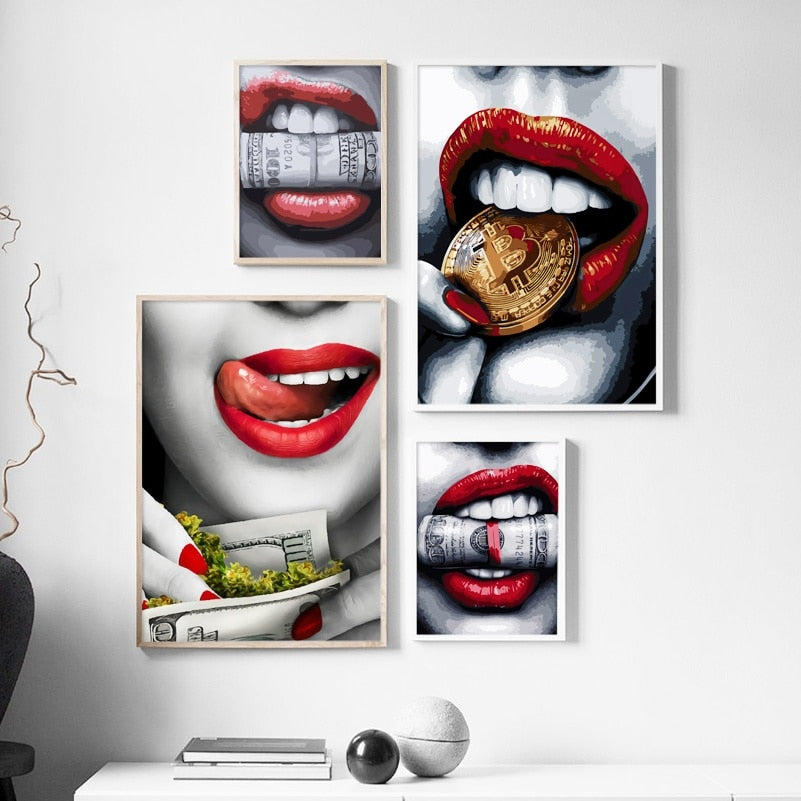 Sexy Red Lips Gold and Money Wall Art Broker Decor