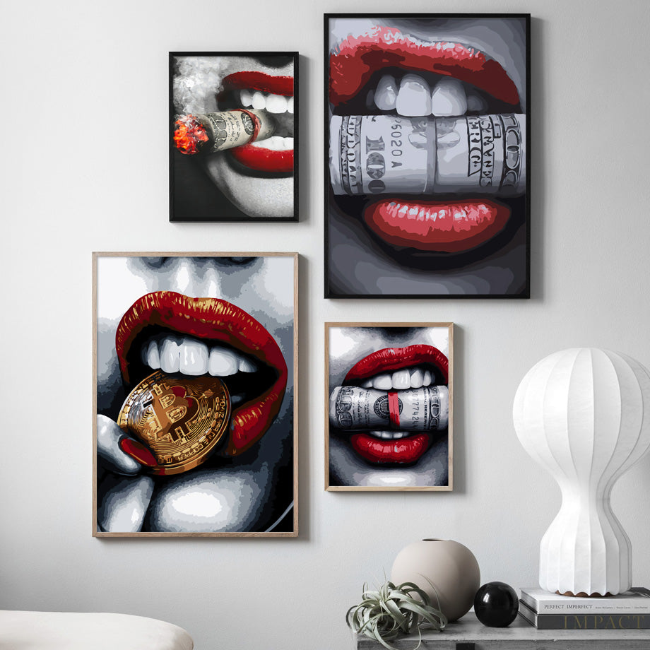 Sexy Red Lips Gold and Money Wall Art Broker Decor