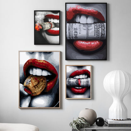 Sexy Red Lips Gold and Money Wall Art Broker Decor