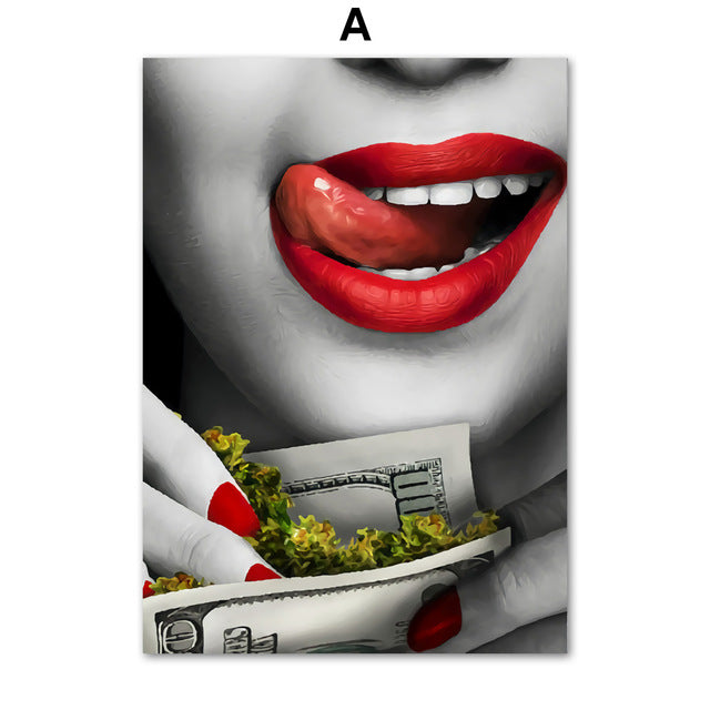 Sexy Red Lips Gold and Money Wall Art Broker Decor