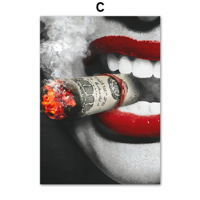 Sexy Red Lips Gold and Money Wall Art Broker Decor