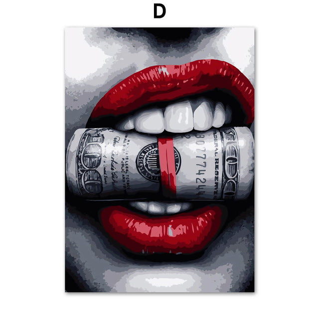 Sexy Red Lips Gold and Money Wall Art Broker Decor