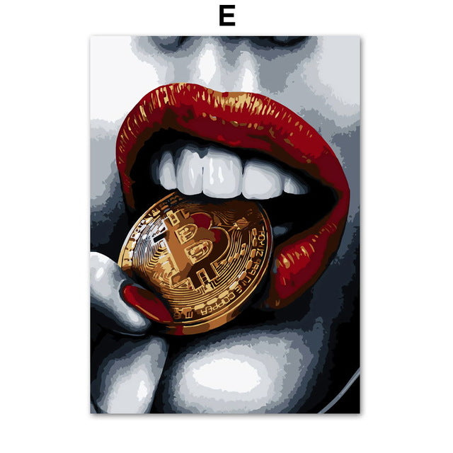Sexy Red Lips Gold and Money Wall Art Broker Decor
