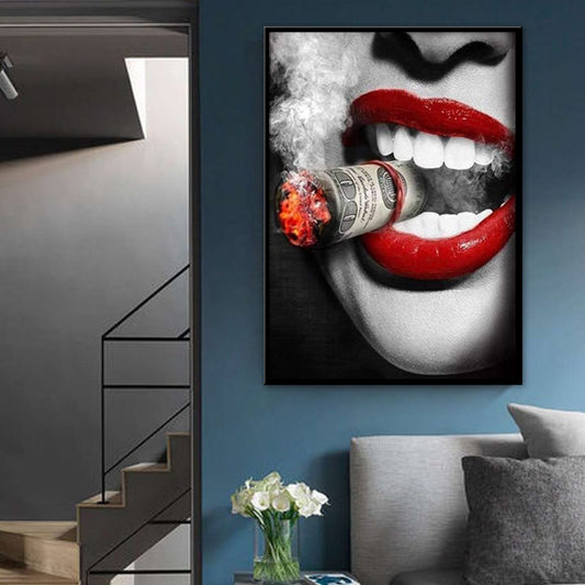 Sexy Red Lips Smoking Money Broker Decor