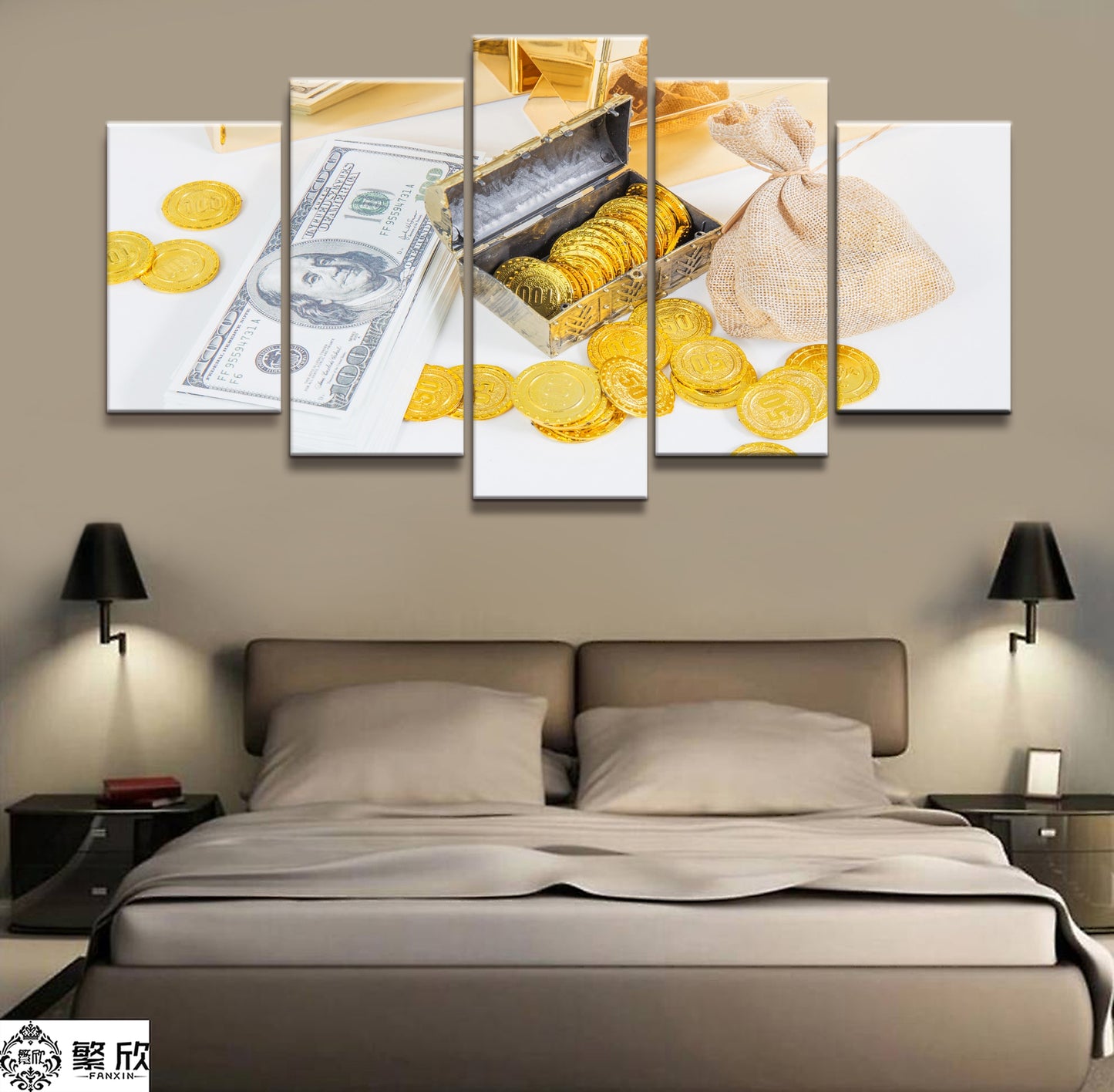 5 Panel Wealth, Money, Gold Coins Poster Broker Decor