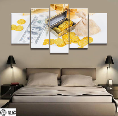 5 Panel Wealth, Money, Gold Coins Poster Broker Decor