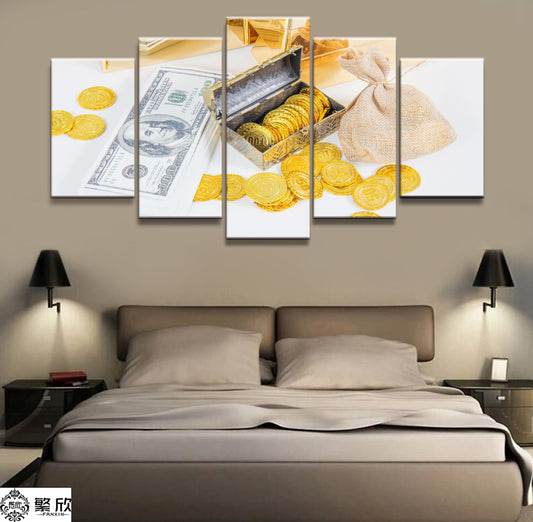 5 Panel Wealth, Money, Gold Coins Poster Broker Decor