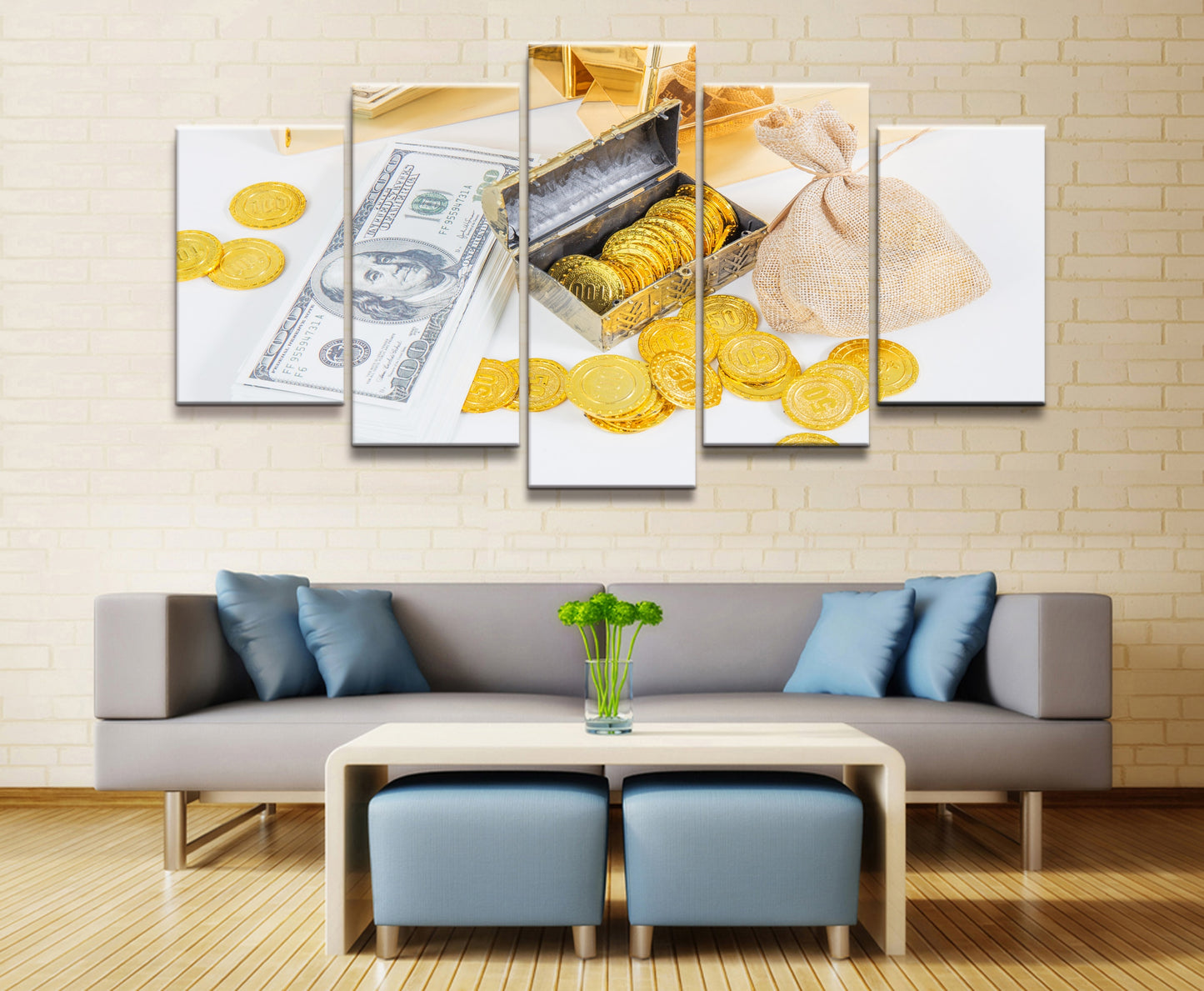 5 Panel Wealth, Money, Gold Coins Poster Broker Decor