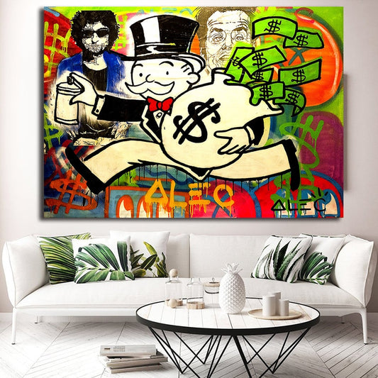 Running with Money Alec Monopoly Guy Canvas Painting Oil Print Broker Decor