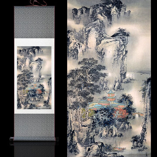 Traditional Chinese painting Alpine Water Pavilion Money and treasures will be plentiful Silk painting