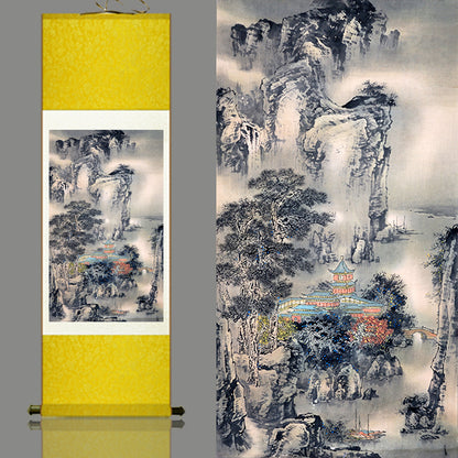 Traditional Chinese painting Alpine Water Pavilion Money and treasures will be plentiful Silk painting