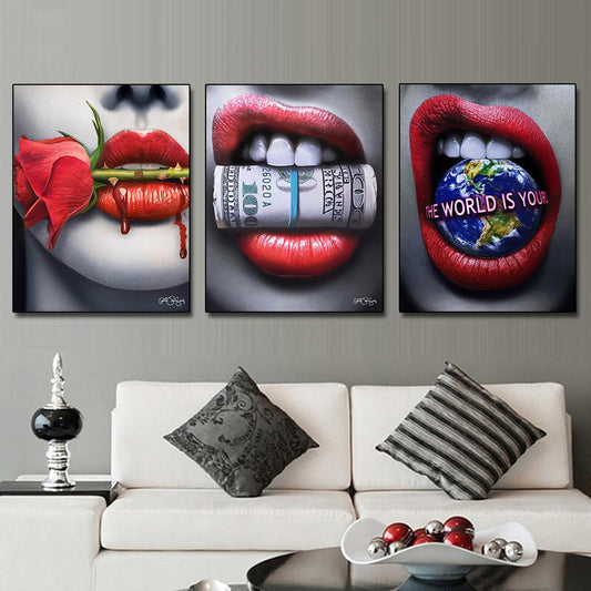 Woman Sexy Red Lips Money Posters Print on Canvas Wall Art Picture for Living Room Office Home Decor No Frame