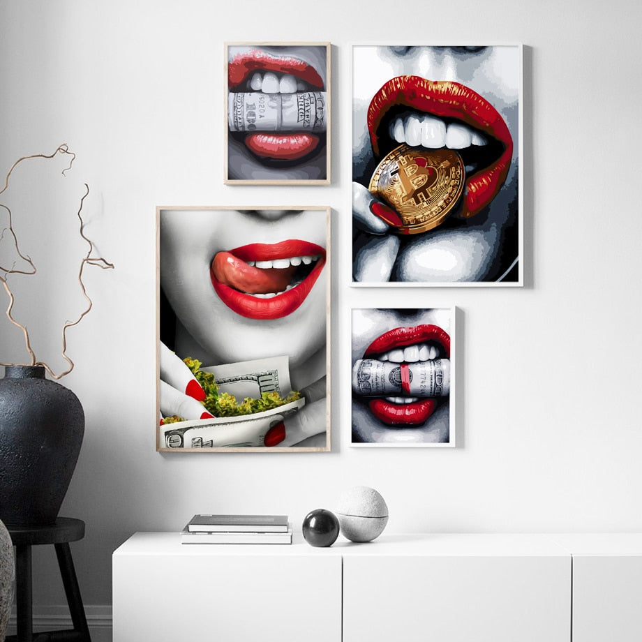 Abstract Sexy Girl Red Lips Gold Money Wall Art Broker Decor