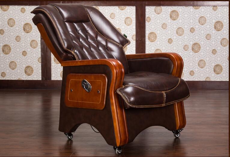 Real leather reclining chair. Solid wood four-legged computer chair. Fixed armrest leather art office chair