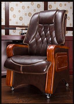 Real leather reclining chair. Solid wood four-legged computer chair. Fixed armrest leather art office chair