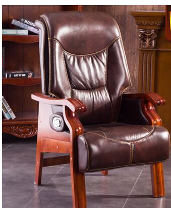 Real leather reclining chair. Solid wood four-legged computer chair. Fixed armrest leather art office chair