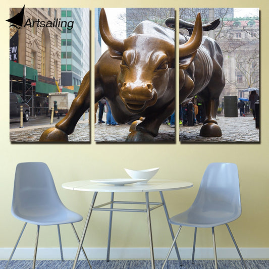 HD Printed 3 Piece bull market wall street art prints broker decor