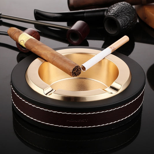 Luxury Oval Golden & Silver Cigar Ashtray Leather Metal Smoking Office Table Accessories