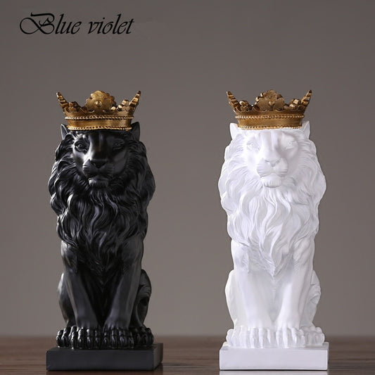 Golden Crown Black lion Statue Animal Figurine Sculpture For Home office broker Decor