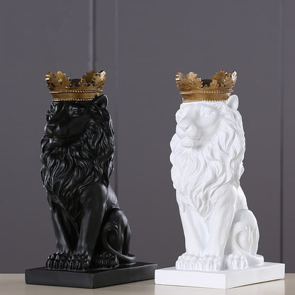 Golden Crown Black lion Statue Animal Figurine Sculpture For Home office broker Decor