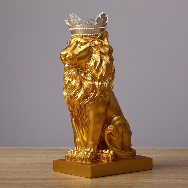 Golden Crown Black lion Statue Animal Figurine Sculpture For Home office broker Decor