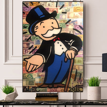 Monopoly Guy Graffiti Money Street Art Canvas Painting Wall Picture Poster Office Broker Decor